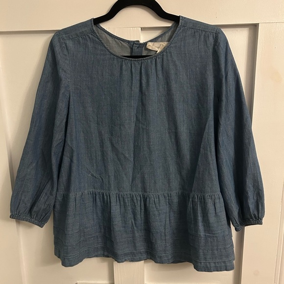 The Great. Women's Blue Denim Chambray Back Buttoned Layered Peplum Top Sz 0 XS - Picture 1 of 6